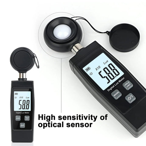 Handheld Lux Meter For Ambient Light Monitoring With MAX MIN Data Hold Digital Photometer Reads Up To 200000 Lux For Grow Lights Plants Aquarium Or Indoor LED Setup For Home Office Or School Use, black sensor and display