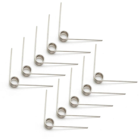 10 Pack Small Stainless Steel Torsion Springs 50mm Long 1.2mm Thick 11.4mm OD With 5 Turns And 120 Degree Rotation arranged neatly.