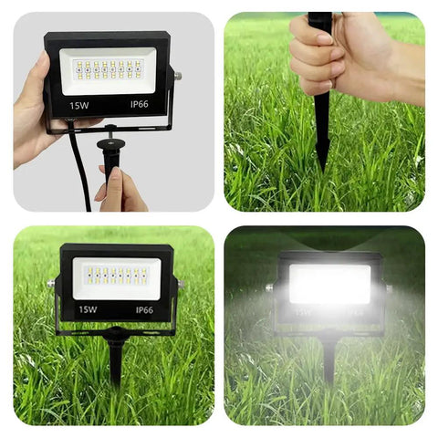 4 Pack RGB LED Flood Lights With Stake Outdoor Color Changing Party Lights 150W Equivalent Dimmable White Light 2700K 6500K RGB Uplighting For Events App Control Via Bluetooth installed on grass