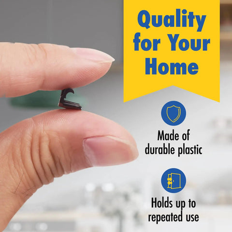 Person holding Cabinet Hinge Restrictor Clip in black, highlighting durable plastic material, part of 50 pack for kitchen cabinet doors.