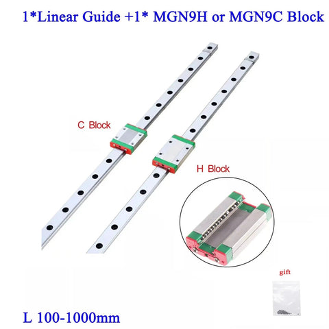 Top Notch 9mm MGN9 Linear Guide Rail With Matching Slider Block For Smooth Precision Motion Control In Diy CNC Router Projects And Heavy Duty Machinery Build Kits At 330mm Length, showing two rail types and blocks.