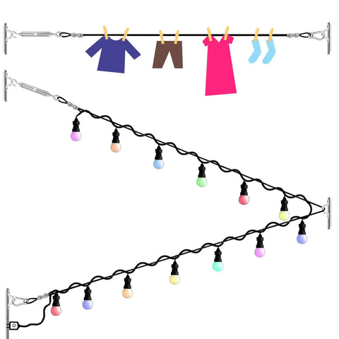 Ultimate 250ft Globe String Light Suspension Kit For Outdoors All In One DIY Hanging Set with colorful hanging lights and clothes