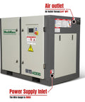 Front view of a 15HP Rotary Screw Air Compressor Workhorse With 45 CFM And 116 PSI For 230V 3 Phase Industrial Grade Powerhouse Built For Tough Jobs, featuring air outlet and power supply inlet.