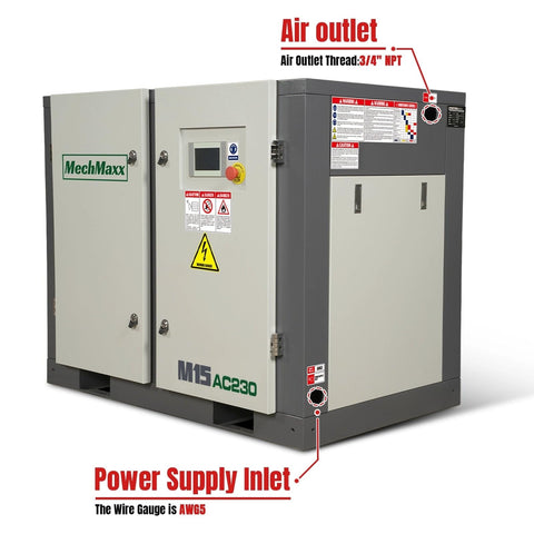 Front view of a 15HP Rotary Screw Air Compressor Workhorse With 45 CFM And 116 PSI For 230V 3 Phase Industrial Grade Powerhouse Built For Tough Jobs, featuring air outlet and power supply inlet.