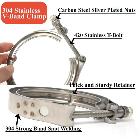 4 Inch Exhaust V Band Clamp For Flange Kits Stainless Steel No Flanges Heavy Duty Rust Resistant Easy Bolt Up Clamp With M8 Bolts For 4 Inch Flange Joint T304 Grade featuring 304 welded band and T-bolt