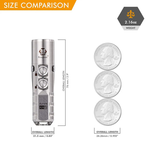 Titanium LED Flashlight 1000 Lumen EDC Pocket Light With Lockout Mode Rechargeable shown with size comparison to quarters