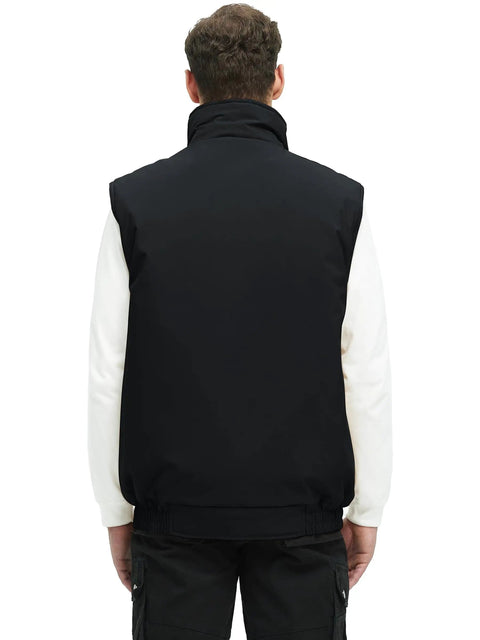 Mens Fleece Lined Winter Vest Windproof Water Resistant Outerwear shown from the back, featuring a black shell and secure pockets.