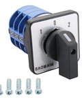 LW28-32 D303.3 Rotary Cam Changeover Switch 3 Phase 660V 32A with screws, panel mount, 1-0-2 positions, heavy-duty industrial use.