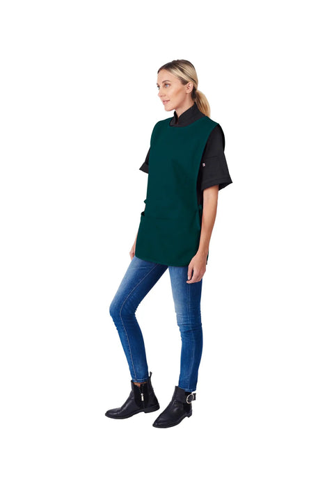 Rugged Cobbler Apron With Two Deep Pockets Cut From Smooth Poly Cotton Twill Featuring Adjustable Side Ties, worn by model.