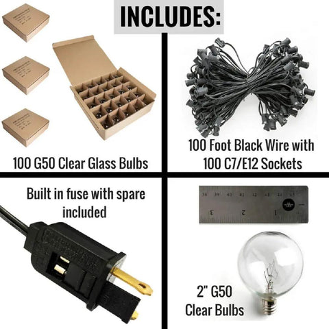 Components of 100 Foot Outdoor String Lights With 105 G50 Clear 2 Inch Bulbs On Black Wire Includes 5 Extra Bulbs