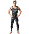 Front view of Mens Camo Spearfishing Wetsuit 3mm and 1.5mm Neoprene Two Piece Hooded Long Sleeve Dive Set With Chest And Knee Pads