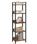 Keep Your Home Looking Fresh With This Five Tier Bookshelf, Tough As Nails Metal Standing Shelves For Tight Spaces, Rustic Brown And Black Storage Organizer That Always Delivers with decorative items and books.