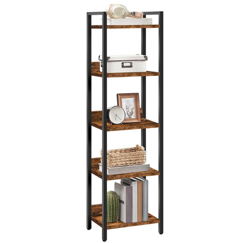 Keep Your Home Looking Fresh With This Five Tier Bookshelf, Tough As Nails Metal Standing Shelves For Tight Spaces, Rustic Brown And Black Storage Organizer That Always Delivers with decorative items and books.