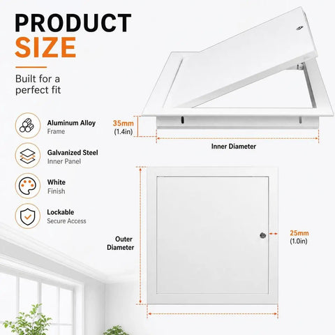 Heavy Duty Aluminum Access Panel For Drywall With Key Lock dimensions showing aluminum alloy frame and galvanized steel inner panel.