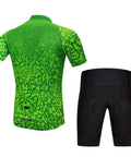 Green cycling jersey and black padded shorts set displayed back view on white background