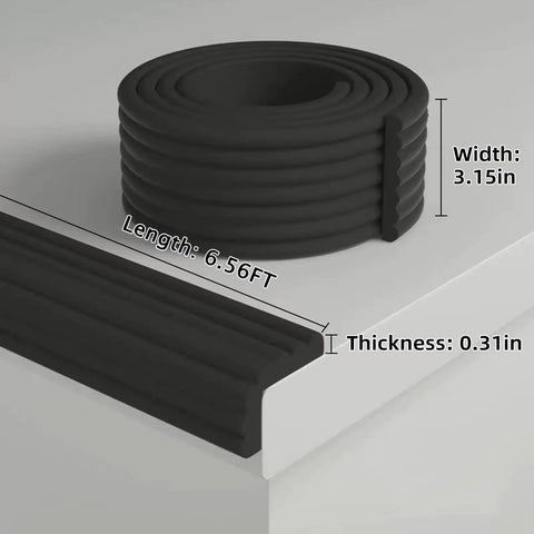 Heavy Duty Baby Proof Corner Guards And Edge Shields For Sharp Tables And Fireplaces Hella Comfy Foam Bumpers With Zero Residue Tape For Stress Free Living Rooms And Little Rascals Everywhere Black roll and edge detail with dimensions.