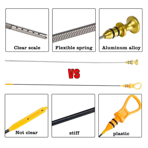 Comparison of aluminum alloy and plastic engine oil dipsticks with clear scale and flexible spring for Mini Cooper S R52/R53 2002-2008.