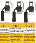 Size chart showing 12 Piece Zipper Repair Kit With Quick Install Detachable Pulls In 3 Different Sizes For Jackets Luggage And Bags No Sewing Needed Works On Metal Or Plastic Zippers Simple DIY Fix