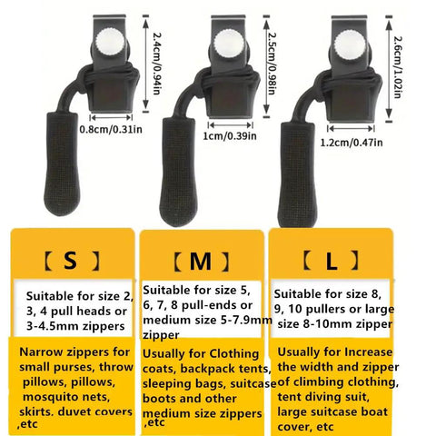 Zipper Repair Kit with 12 Replacement Pulls in 3 Sizes Quick Install Detachable Pulls No Sewing Needed For Jackets Luggage And Bags Black Durable Easy To Use Kit for Home Travel and Outdoor Gear Replacement Needs, showing three sizes S, M, L with measurements and usage guidelines.