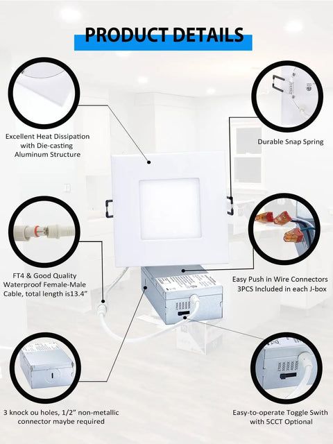 Diagram detailing 4 Inch LED Canless Recessed Square Downlight With Junction Box 5 CCT Adjustable Dimmable Ceiling Light features