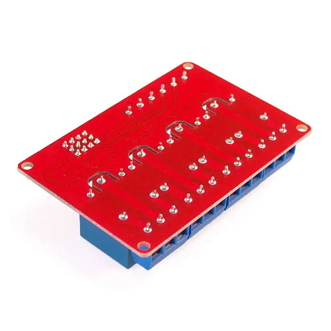 4 Channel 5V Relay Module with Optocoupler Isolation and High and Low Level Trigger Red Board, top view for Arduino Raspberry Pi.