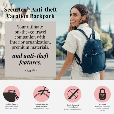 Anti-Theft Travel Backpack With RFID On-The-Go Slash-Resistant Nylon, model showing features description on travel background
