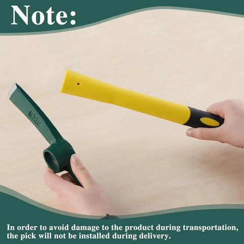 15 Inch Pick Mattock Hoe With Fiberglass Handle Heavy Duty Forged Weeding Tool shown with detachable head and handle