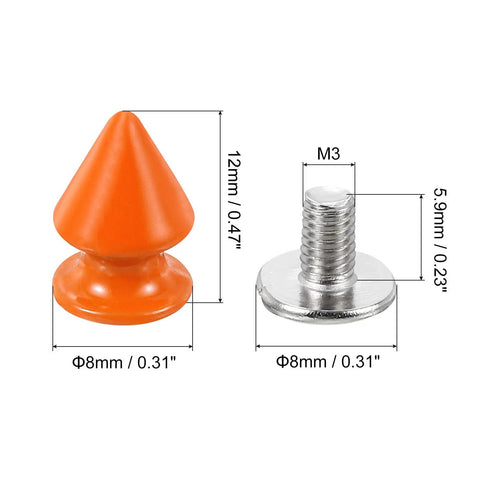 50 Sets Cone Spike Stud Rivets With Screw Back 8x12mm M3x0.5 Thread Orange Punk Hardware For Leather Craft Close-Up