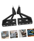 Two black metal spring-loaded folding sofa hinge brackets for cabinets and furniture.