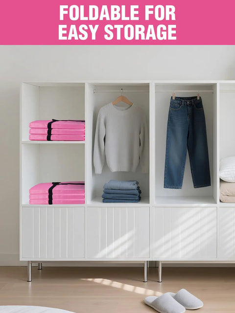 Big Ol 66 Gallon Extra Large Moving Bags With Zippers And Carry Handles in a closet, folded for easy storage, pink color