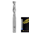 Carbide Spiral Router Bits Up Cut Set 1 Quarter Inch Diameter 1 Inch Cutting Length 2 And A Half Inch Overall Length 5 Pack For Wood Aluminum MDF Oak DIYers And Pros Milling, shown with tool and packaging.