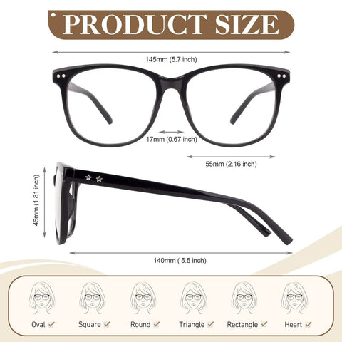 Nonprescription Fake Glasses With Clear Lenses And UV400 Protection Retro Oversized Frame Eyewear product size details