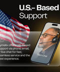 U.S.- Based Support with American flag background and a man on a phone offering assistance.