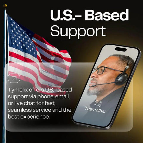 U.S.- Based Support with American flag background and a man on a phone offering assistance.
