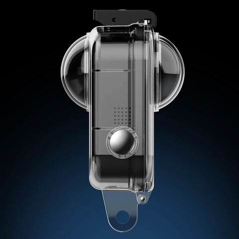 Front view of GoPro MAX2 Waterproof Dive Case with 50M depth rating, includes glass lens and bracket for action cameras.