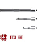 Quarter Inch Drive Extension Bar Set Three Piece With Two Inch Three Inch And Six Inch Extensions For Easy Ratchet Reach Chrome Vanadium Steel With Non Slip Grip Durable And ANSI Standards Compliant displayed horizontally with length labels.