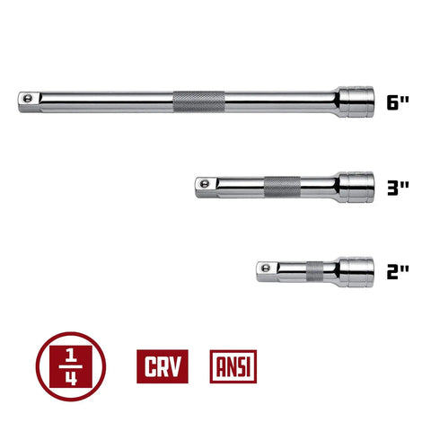 Quarter Inch Drive Extension Bar Set Three Piece With Two Inch Three Inch And Six Inch Extensions For Easy Ratchet Reach Chrome Vanadium Steel With Non Slip Grip Durable And ANSI Standards Compliant displayed horizontally with length labels.