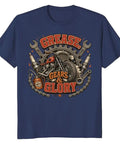 Retro Mechanical Engineer T Shirt With Vintage Gear Garage Emblem featuring grease, gears, and glory design in navy blue.