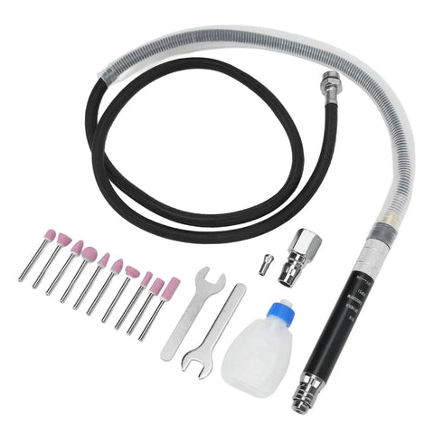 No Sweat Precision Work Relies On This Beefy Pneumatic Pencil Die Grinder Kit tools, pink grinding bits, maintenance fluid, black rubber hose