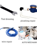 Collage of tool dressing, plumbing repair, wire repair, and auto mechanic tools in various settings.
