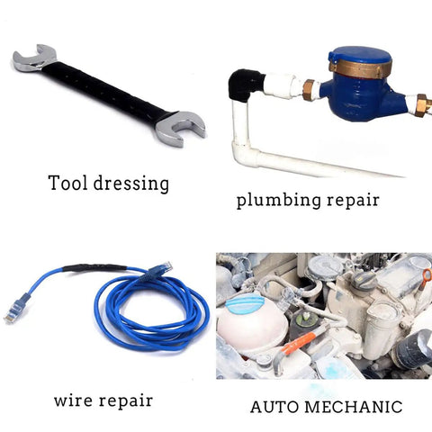 Collage of tool dressing, plumbing repair, wire repair, and auto mechanic tools in various settings.