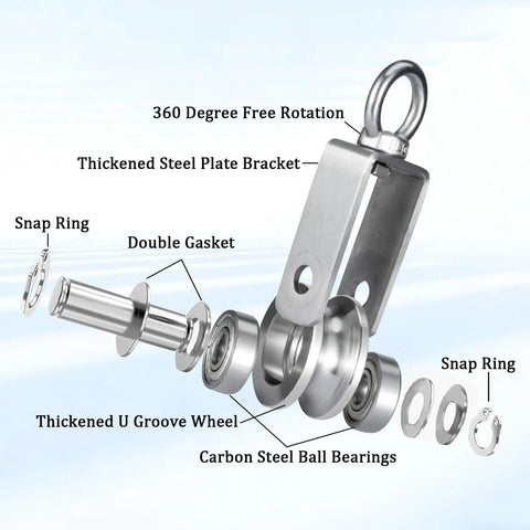 Beefy Stainless Steel Cable Pulley Block With Silent Bearings Swivel Kit For Heavy Duty Applications 550lb Load Capacity For Garage Attic Kayak Deer Hanging Gym Equipment 4 Pack exploded view with swivel ring