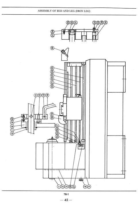 Diagram of bed and leg assembly for 1760K Metal Lathe Instruction And Parts Manual for setup, safety, maintenance.