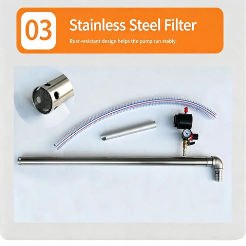 Heavy Duty Pneumatic Oil Transfer Pump With Precision Pressure Gauge And Safety Valve For Drum Fluid Handling. Efficiently Extract Engine, Hydraulic, And Gear Oil Using Compressed Air Power. Durable Stainless Steel Construction Ensures Long Lasting