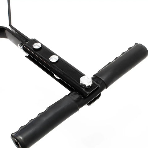 Close-up of handle on push and tow lawn roller with drum plug design, 16-gallon steel tank for quick fill and dump functionality.