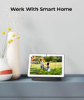 Tablet displaying security footage with text 'Work With Smart Home', showcasing integration with 5MP PoE Security Cam Kit For Indoor And Outdoor Use With Person Vehicle Pet Detection, Time Lapse, And Smart Home Compatibility, 100Ft IR Night Vision, Supports 512GB SD Card, Pack Of 2.