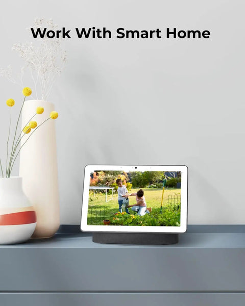 Tablet displaying security footage with text 'Work With Smart Home', showcasing integration with 5MP PoE Security Cam Kit For Indoor And Outdoor Use With Person Vehicle Pet Detection, Time Lapse, And Smart Home Compatibility, 100Ft IR Night Vision, Supports 512GB SD Card, Pack Of 2.