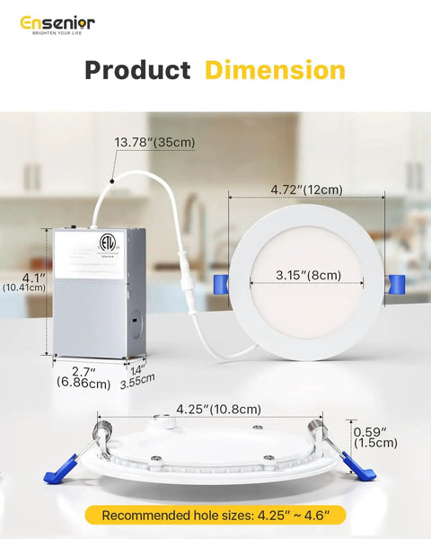 Dimensions of 16 Pack 4 Inch LED Recessed Canless Wafer Downlights Dimmable 5000K Daylight 750 Lumens 9W 120V IC Rated