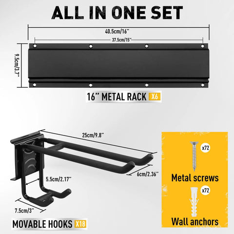 Heavy Duty 96 Inch Garage Tool Organizer Wall Mount Hooks Kit With 18 Pairs Built To Last 1460 Lbs Capacity Garden Tool Storage Rack