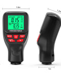 All Around Paint Thickness Gauge 0-2000um With LCD Readout Auto Substrate Detection 3 Probe Modes 3 Unit Switching Works On Steel Metal Plastic Glass PVC Battery Indicator Auto Shutoff Pro Grade handheld gauge front and side view